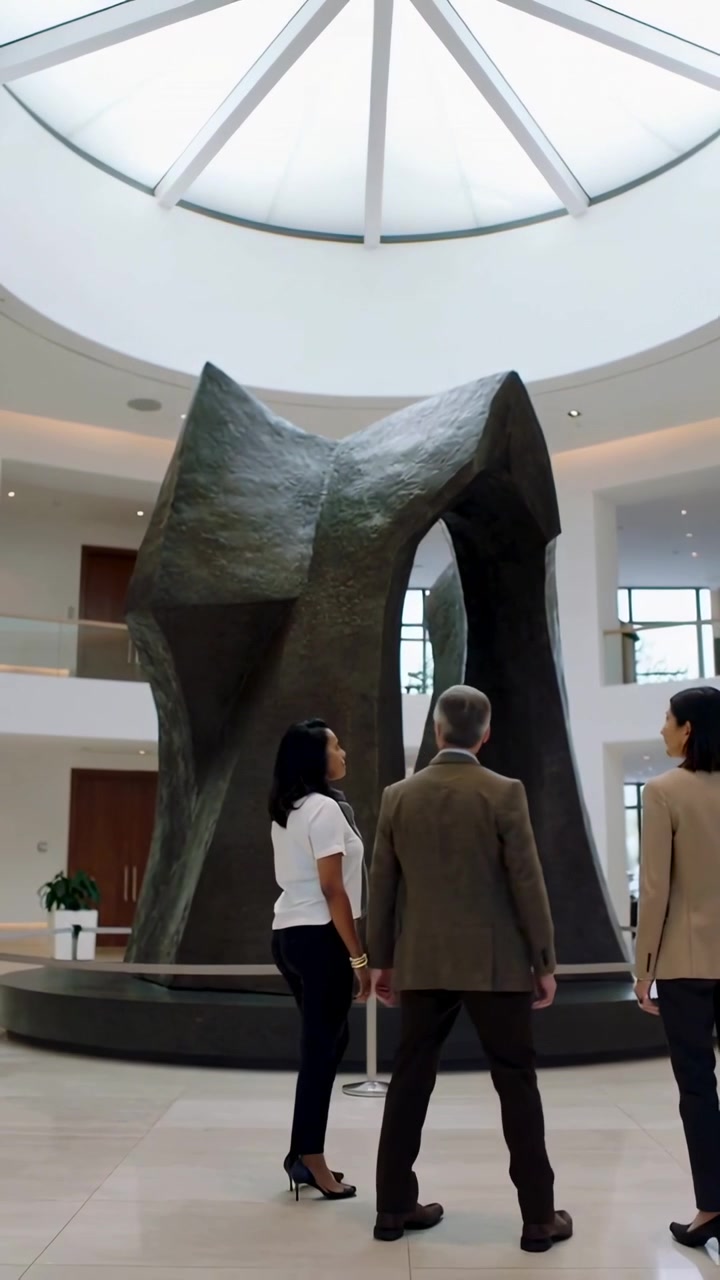 Vídeo vertical: Caminhando pelo átrio, três pessoas de terno parando após a entrada da terceira, inspecionando escultura de bronze.
