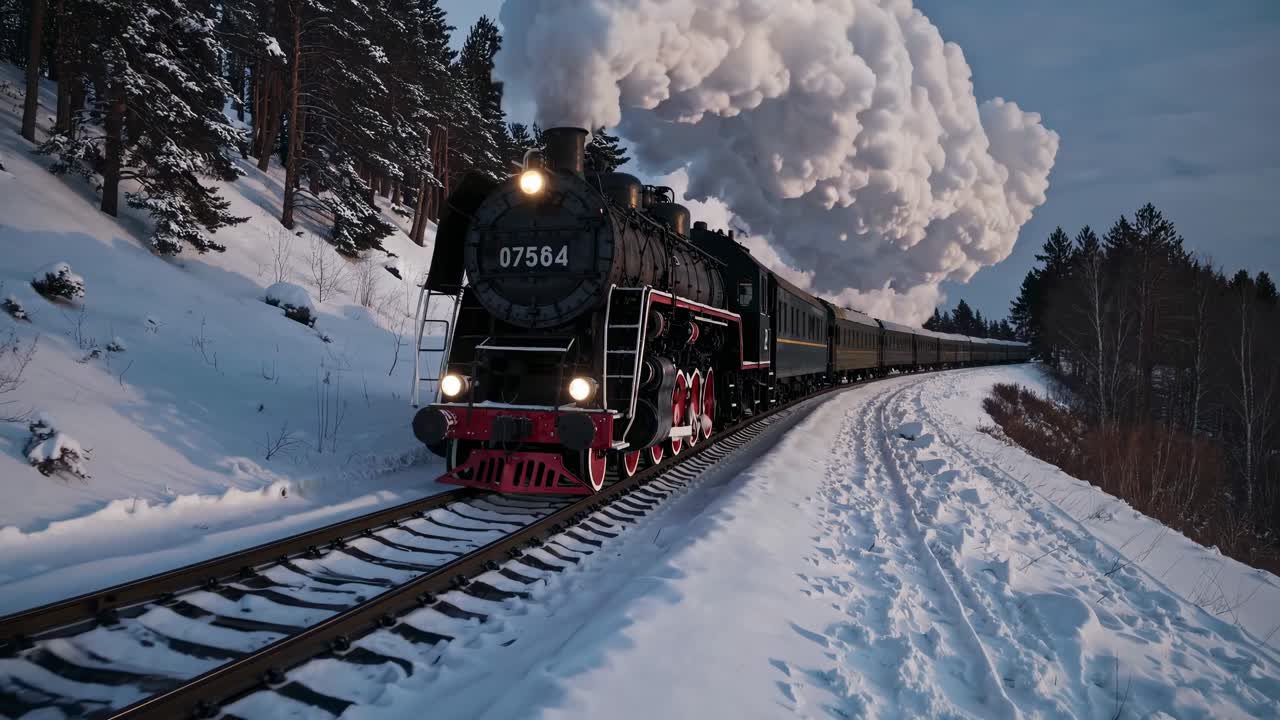 눈 인 산악 풍경 에 있는 빈티지 증기 열차