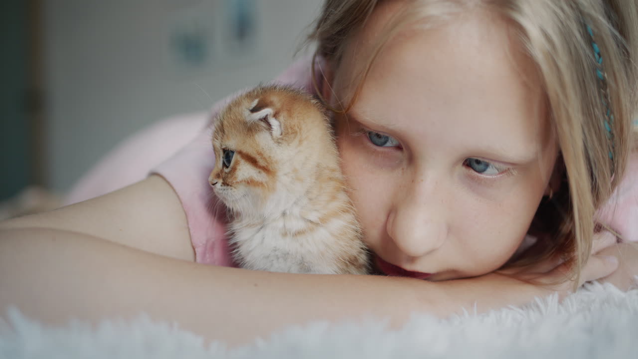 Happy child with a kitten looking at the camera