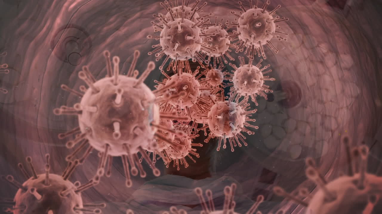 외과 의사 위에 떠다니는 코로나 19 세포의 애니메이션