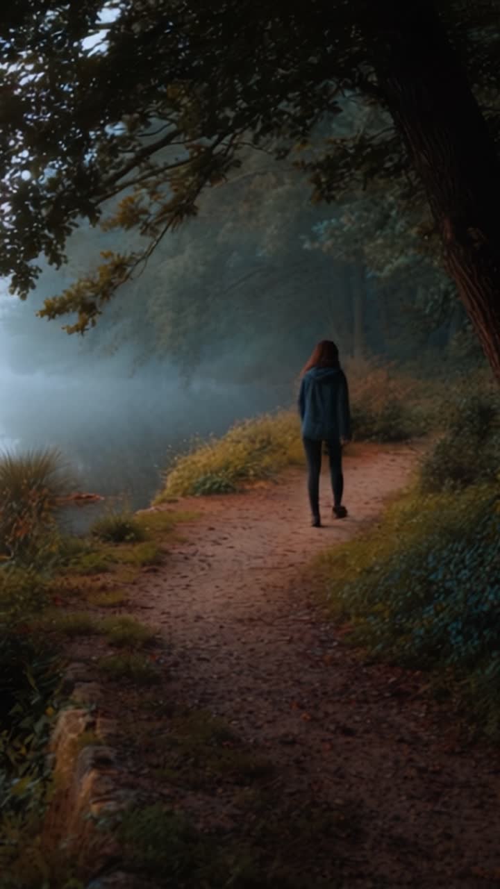 A solitary figure walks along a misty riverbank path, surrounded by lush greenery and serene fog, evoking a tranquil and reflective atmosphere of nature