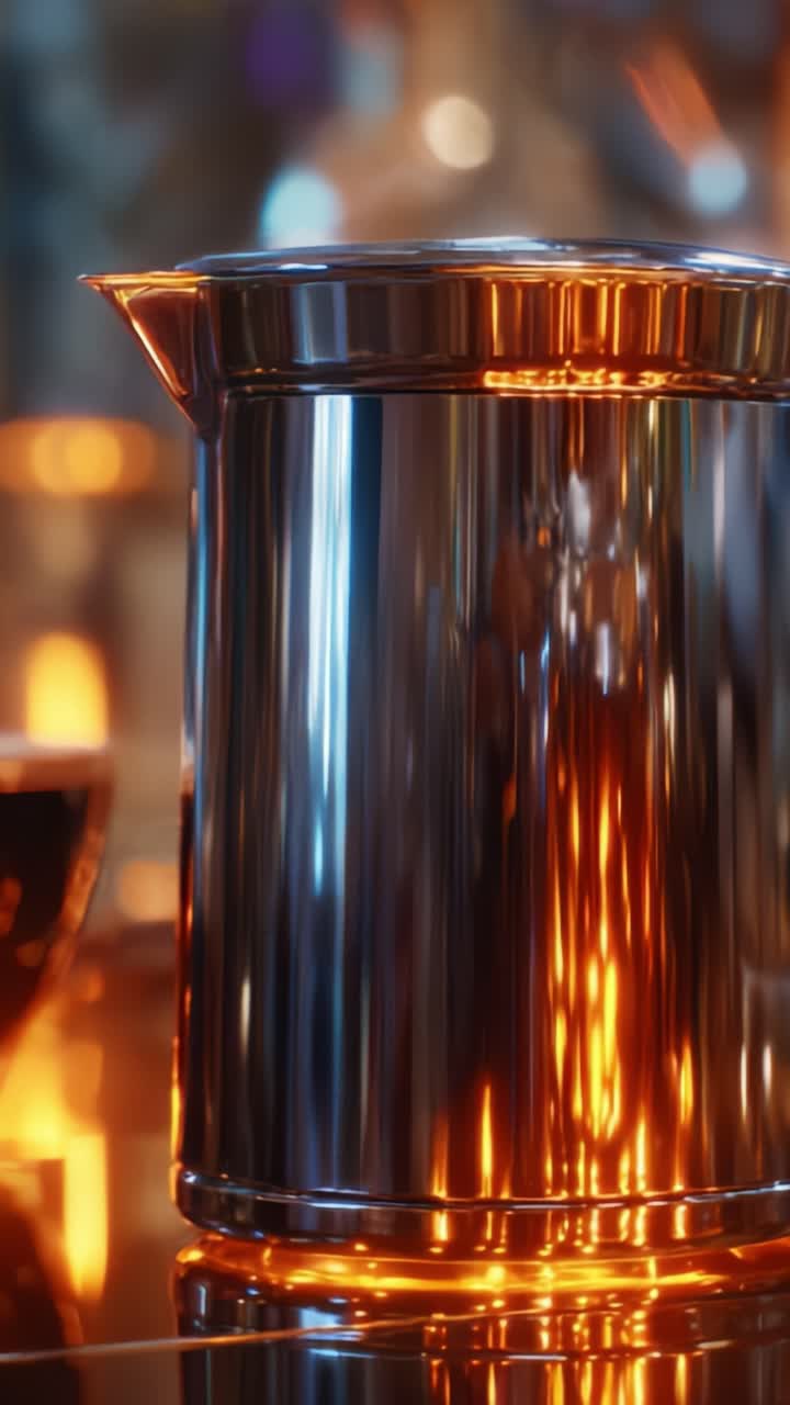 Captivating Reflection of a Modern Stainless Steel Kettle Amidst a Warm Ambiance, Perfect for Enhancing Any Culinary Experience or Home Decor Setting