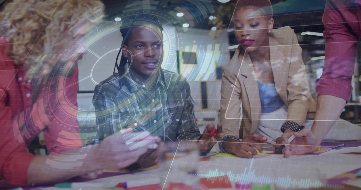Hologram overlay appearing as business team reviewing docs and exchanging markers aligning strategy