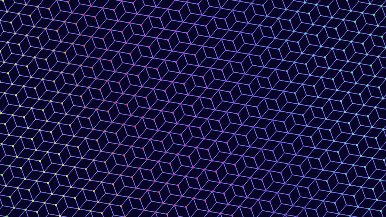 Futuristic abstract footage of a glowing hexagon mesh with neon gradient lines and nodes on dark background, ideal for technology themes, data networks, and UI backdrops