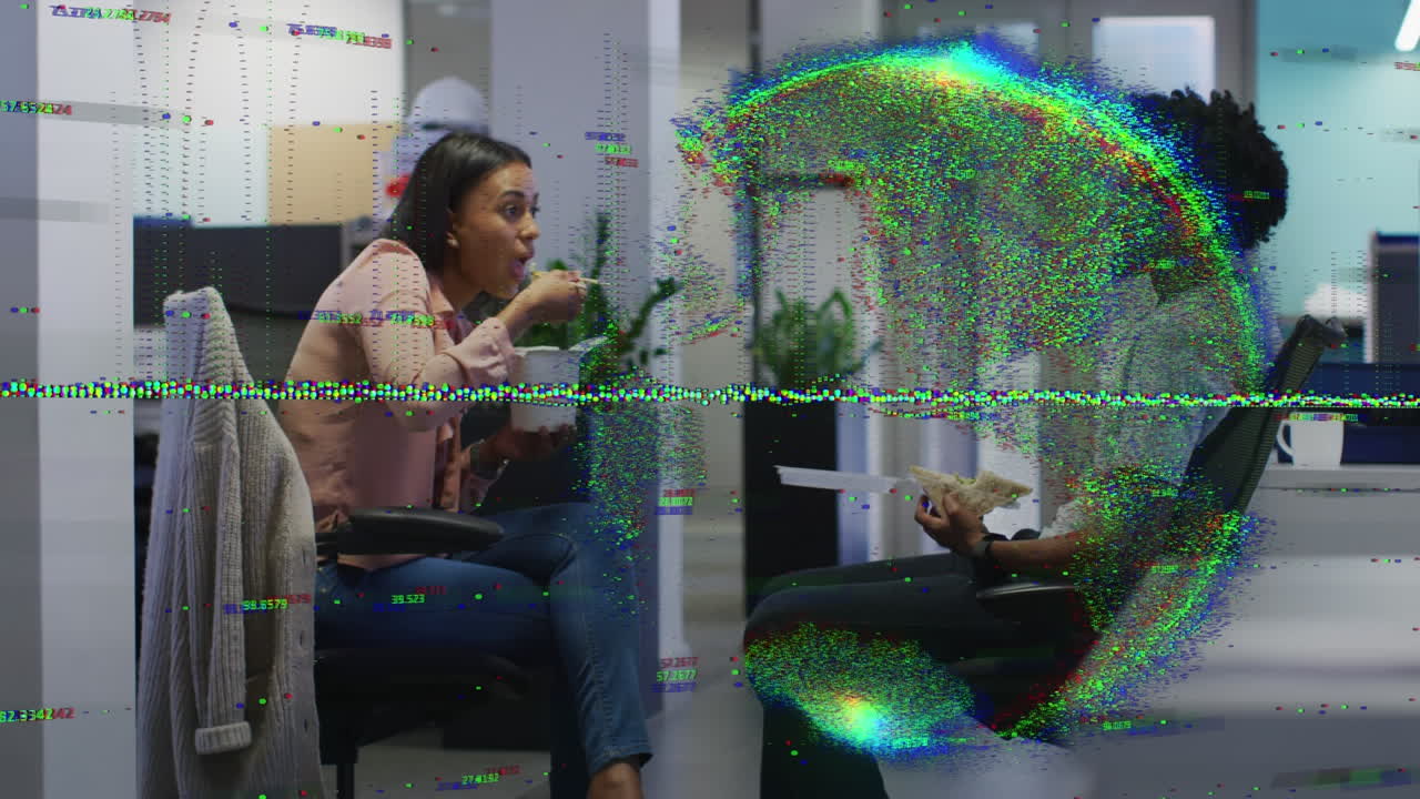 Animation of data processing and globe over diverse business people eating