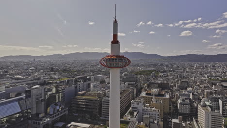 Kyoto Japan Aerial v90 reverse flyover Higashishiokojicho away from Kyoto tower capturing Shimogyo ward downtown cityscape, train station and mountain views - Shot with Mavic 3 Pro Cine - Oct 8th 2023