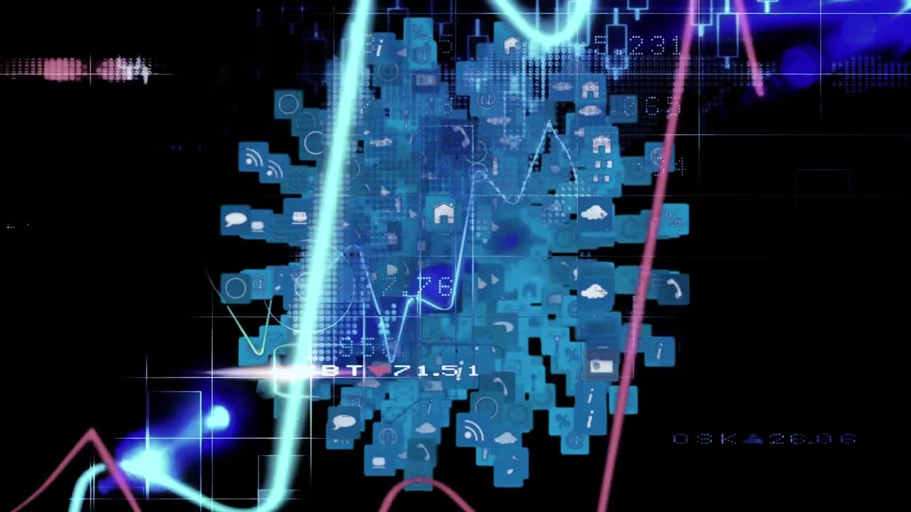 Animation of statistics processing and financial data over globe spinning
