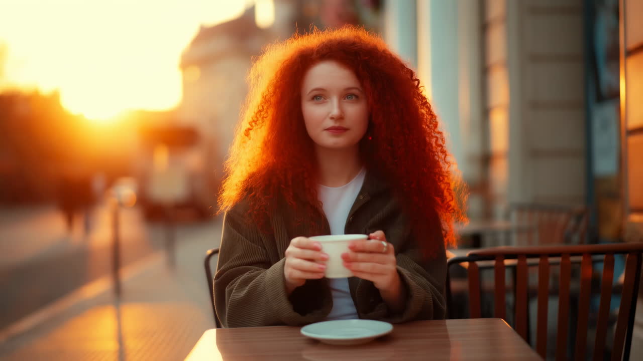 Giovane donna con capelli ricci rossi che beve caffè in un bar all'aperto al tramonto