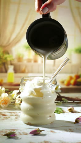 a hand pours smooth, chilled milk from a stainless-steel pitcher into a bubble-shaped glass filled with ice cubes, set on a whitewashed wooden table adorned with dried blossoms under warm sunlight.