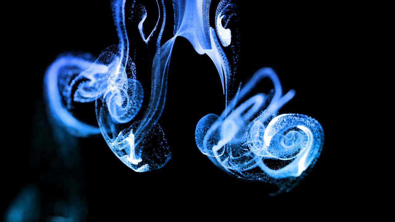 4k glow particles move in a stream of liquid in front of the camera in slow motion. 3d ink effect for luminous particles, advection. Use luma matte as alpha channel to cut particles. Blue ver. 11