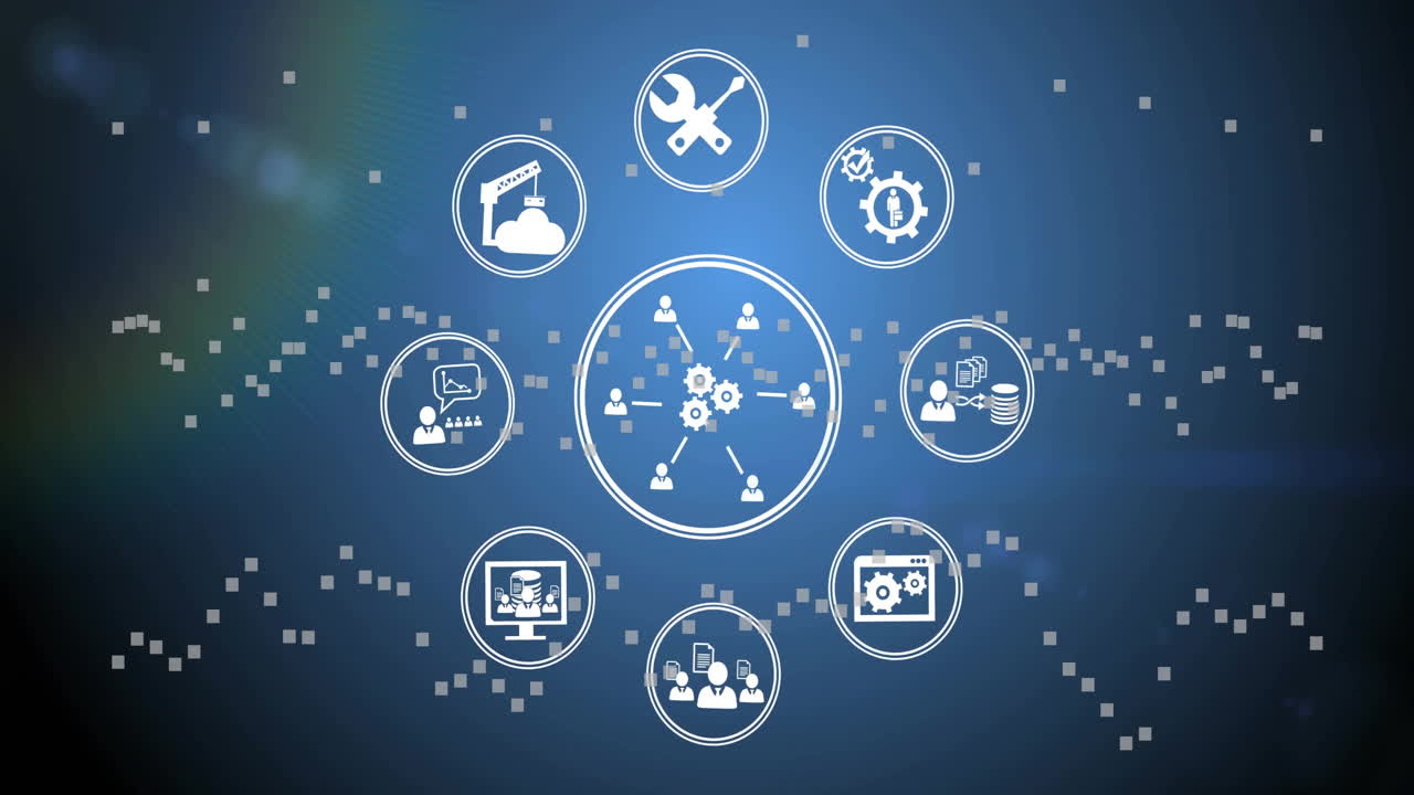 animación de iconos interconectados que representan varias herramientas y procesos empresariales