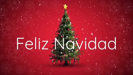 Animación-Del-Texto-Feliz-Navidad-Sobre-El-árbol-De-Navidad-Y-Nieve-Cayendo-Sobre-Fondo-Rojo