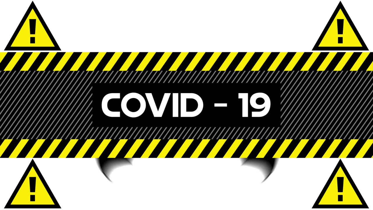 코로나19 경고 텍스트의 애니메이션, 백색에 박 ⁇  위에 위험 삼각형이 있습니다.