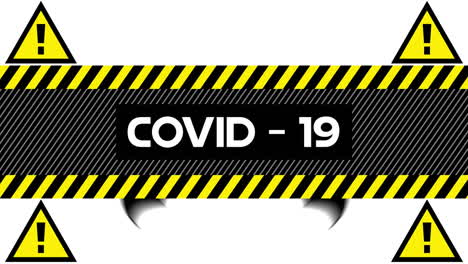 animation of warning text covid 19, with hazard triangles over bat, on white
