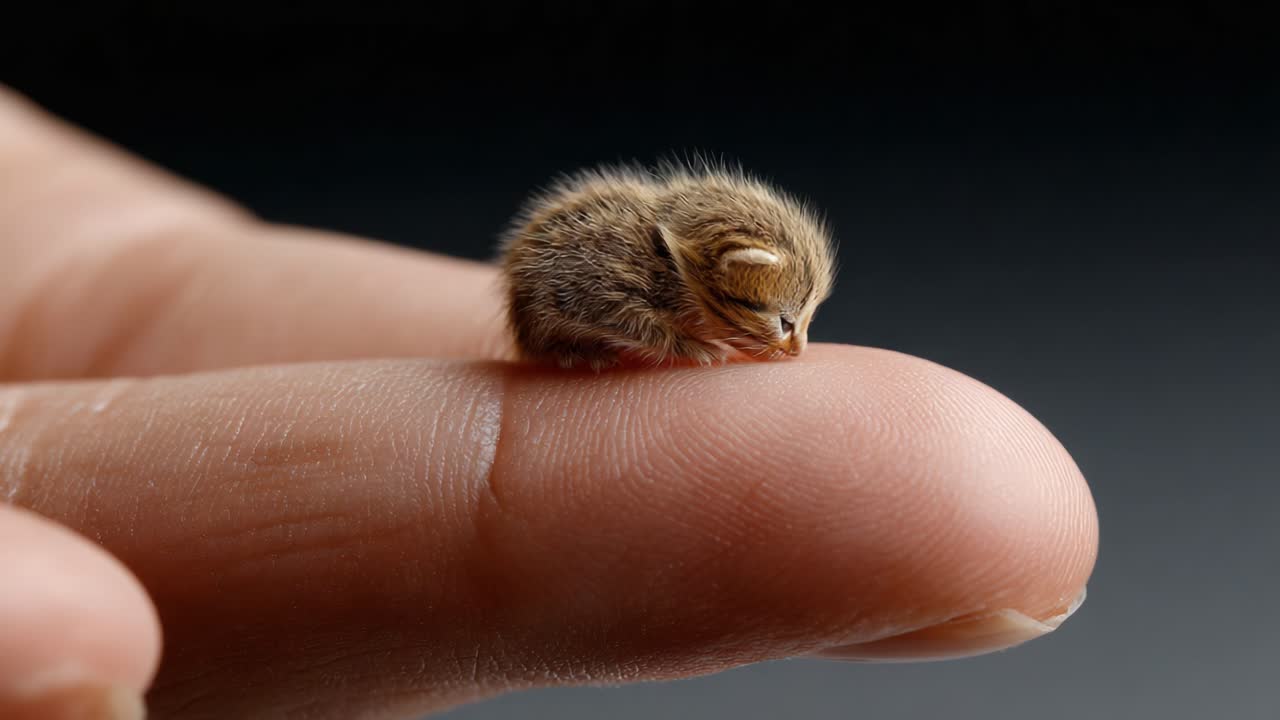 An Adorable Baby Animal Delicately Balanced on a Finger, Showcasing the Intricate Details of Its Fur and Tiny Features in a Captivating Macro Shot
