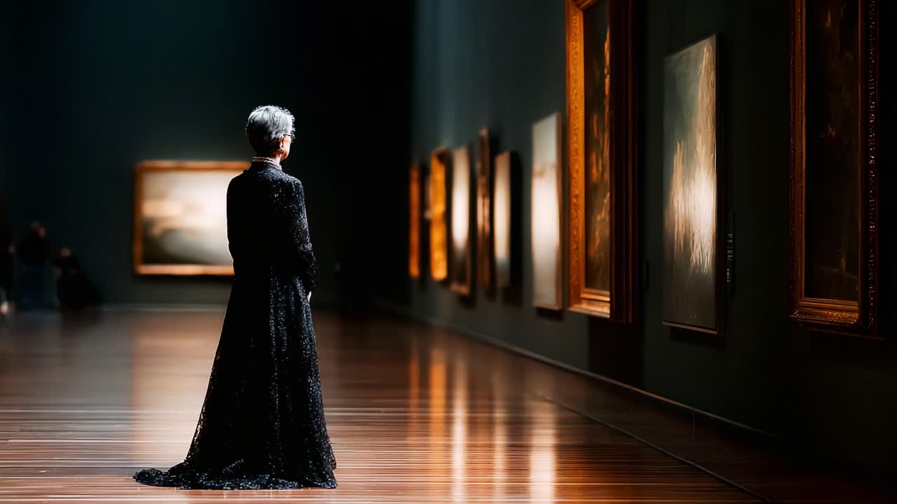 A Solitary Figure in Elegant Attire Observes Artworks in a Refined Gallery Setting, Capturing the Essence of Contemplation and Appreciation of Cultural Heritage
