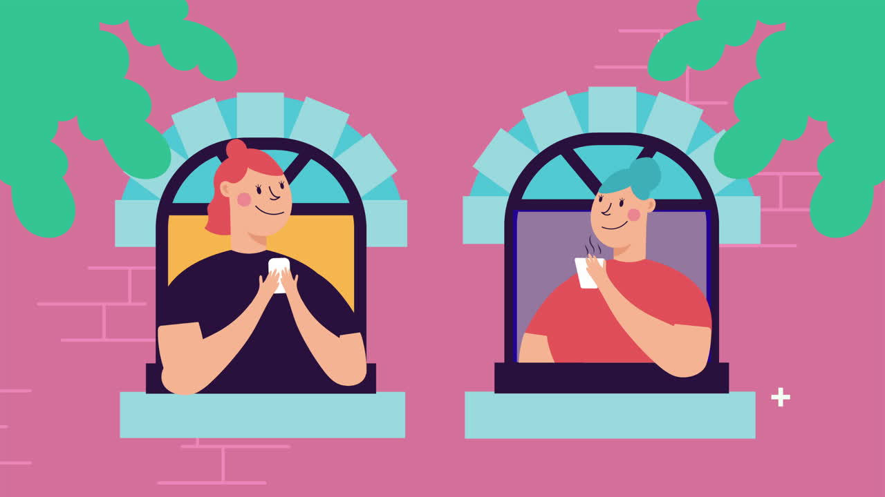 아파트 창문에 있는 여성들은 집에 머물러 캠페인