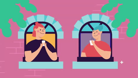 women in apartment windows stay home campaign