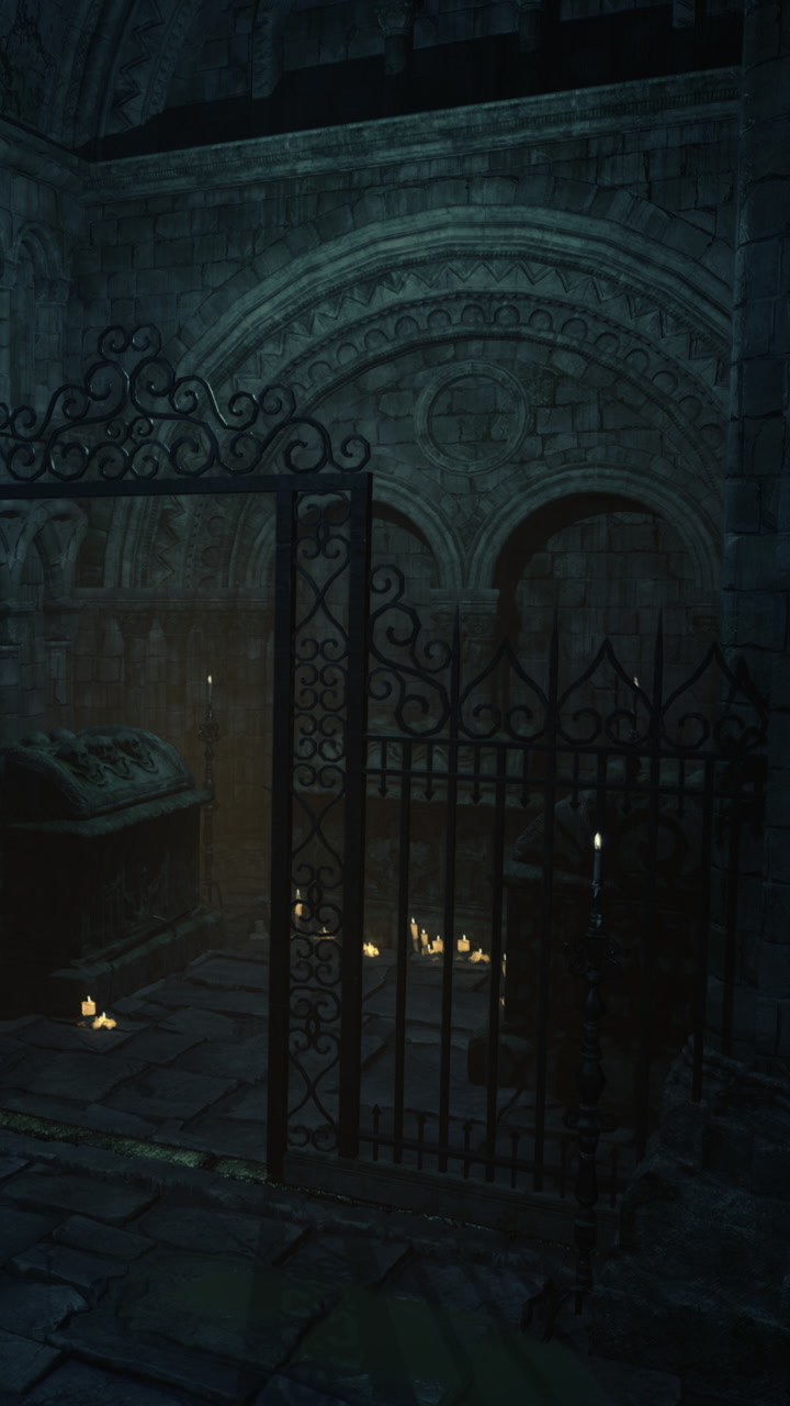 Exploration of a dark stone structure with an ornate gate and candlelight