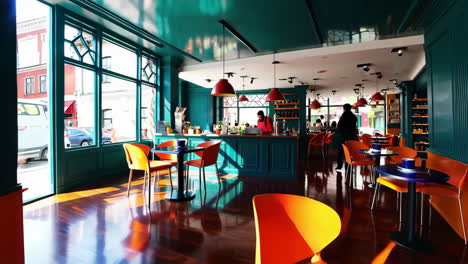 modern cafe interior with vibrant colors