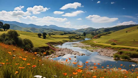 lush green fields with blooming poppies alongside a tranquil river