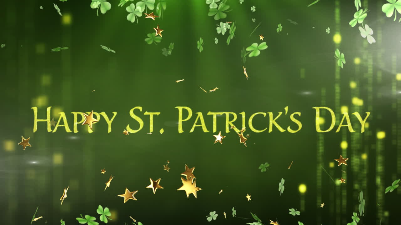 Animazione di trifogli e stelle sul testo Happy St. Patrick's Day su sfondo verde