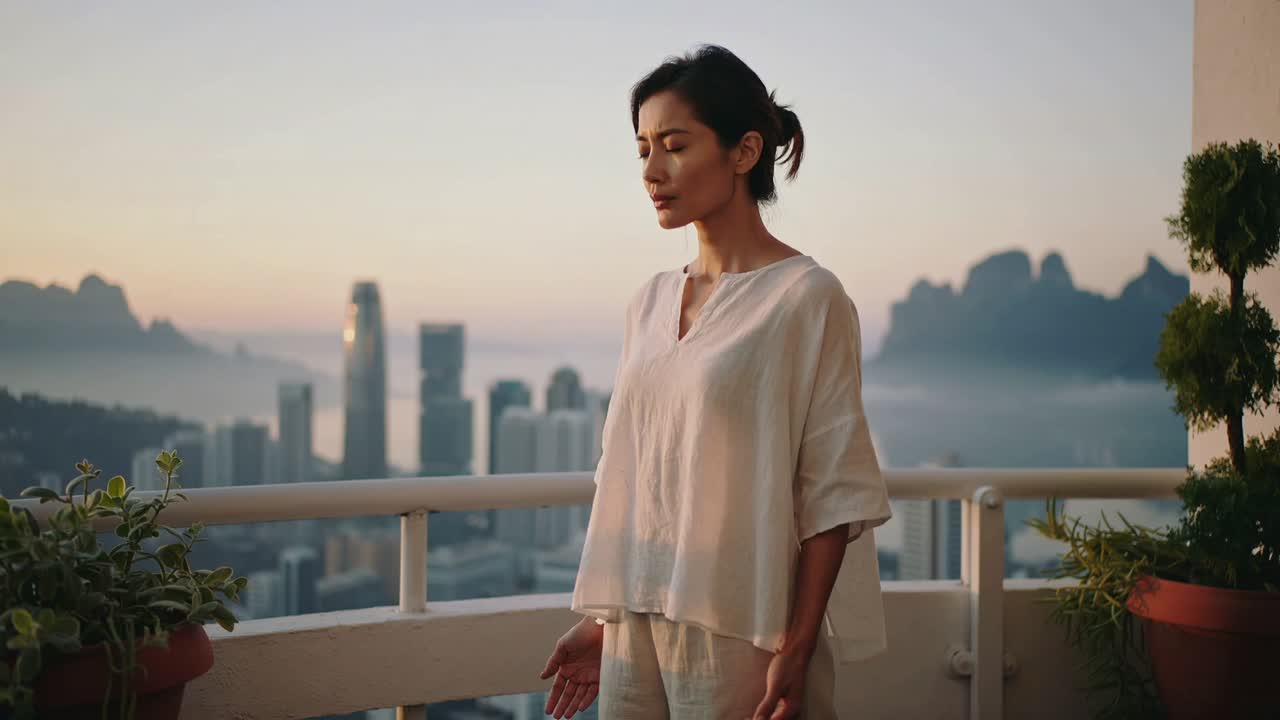Breathing Asian woman practicing meditation on balcony at dawn in loungewear by railing