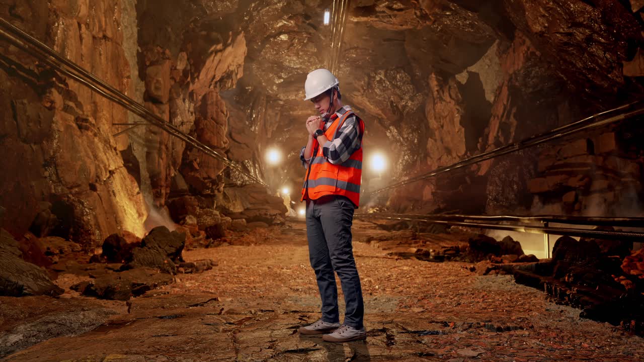 Full Body Side View Of Asian Male Engineer With Safety Helmet Pray For Something While Standing In Underground Mine Tunnel