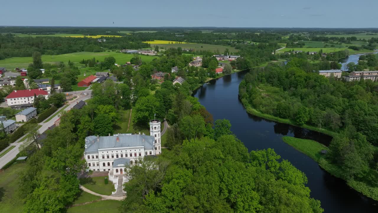 Aerial view of Puurmani Manor and Pedja River in Estonia.