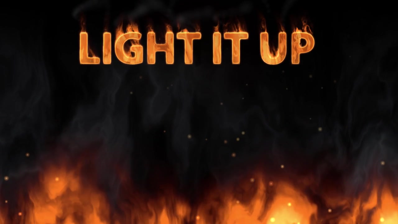 Realistic flames and rising smoke surround glowing text against a dark, atmospheric black background.