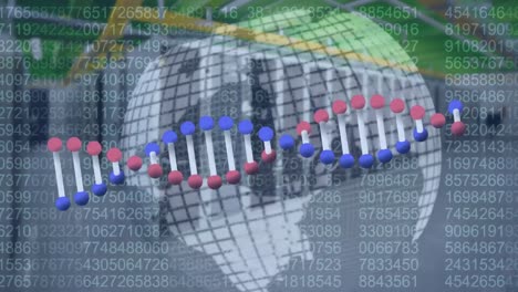 animación del procesamiento de datos, cadena de adn y globo sobre la sala del servidor