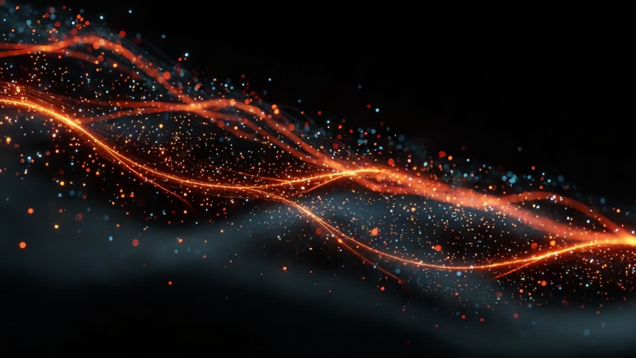 Mesmerizing Flow of Particles: A Dynamic Visualization of Light and Color in Motion, Showcasing the Beautiful Interplay of Sparkling Elements Against a Dark Background