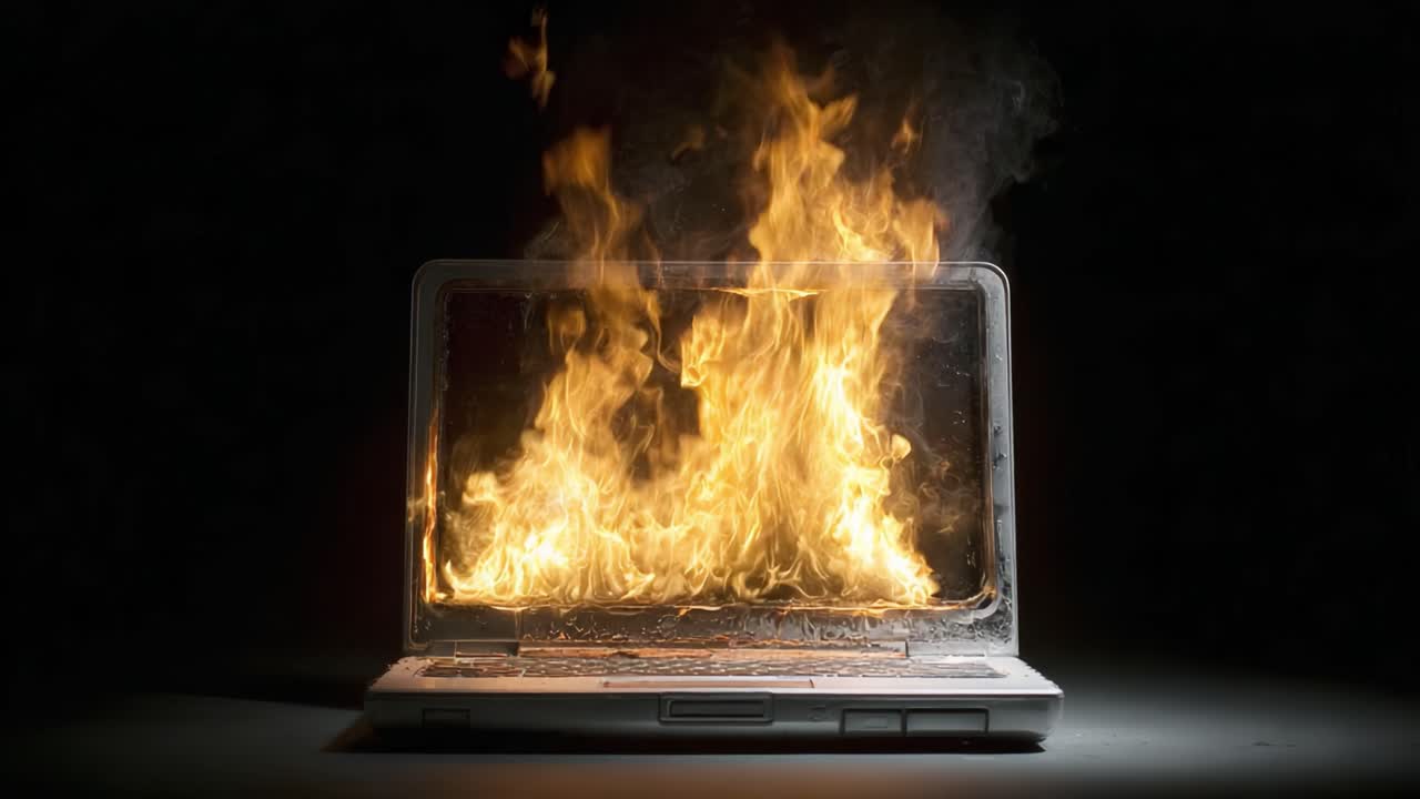 Kraftige flammer bryder ud fra en defekt laptop: En overraskende fremvisning af ild og ødelæggelse i et mørkt miljø