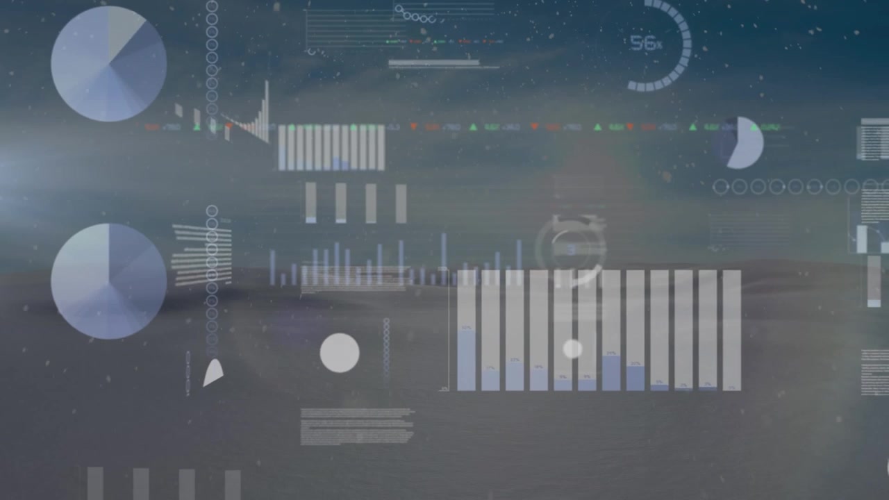 Animation of statistical data processing against snow falling over winter landscape