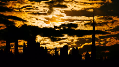 city silhouette at sunset with dramatic clouds