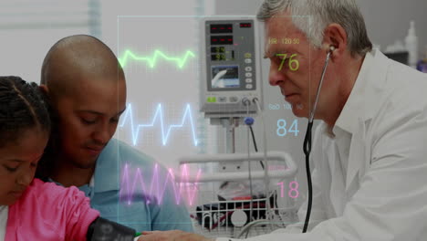 animation of medical data processing over diverse doctor and girl patient in hospital