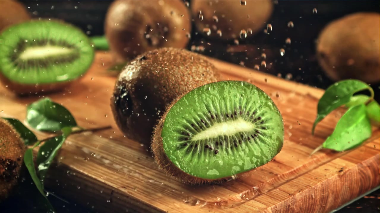 Rodajas de kiwi fresco sobre una tabla de cortar con agua salpicando a cámara lenta