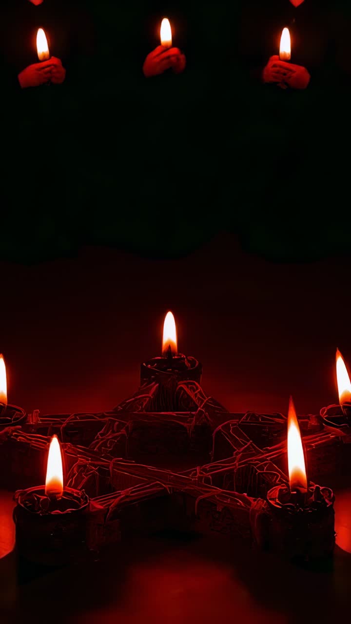 Vídeo vertical: vela acesa sobre um pentagrama em uma cripta, figuras vestidas com mantos erguendo velas para um ritual