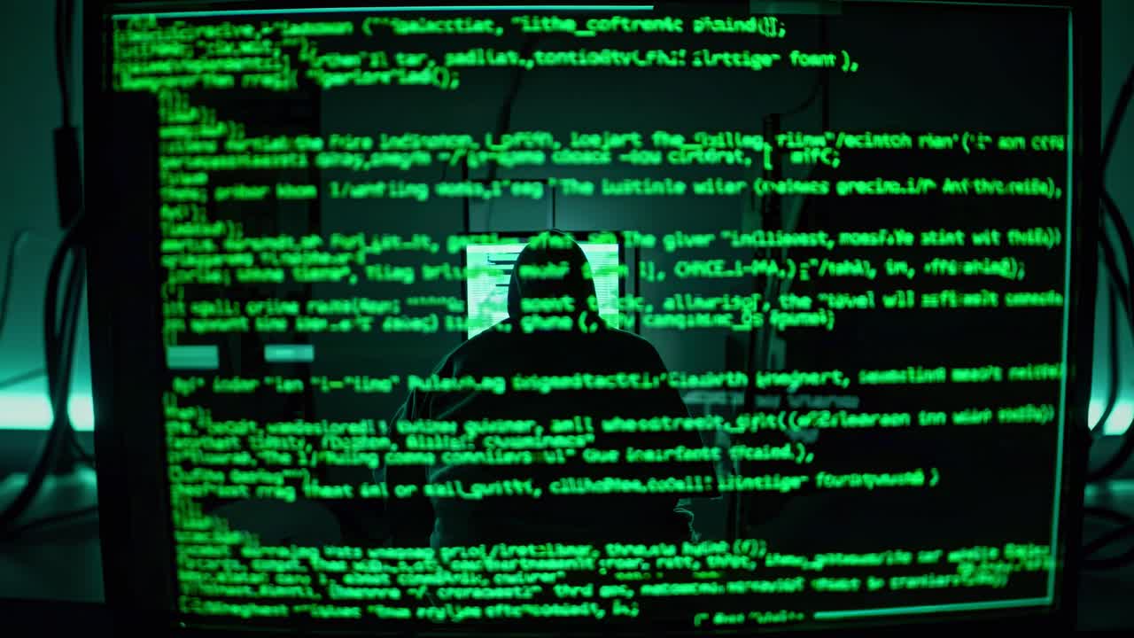 Close-up shot of a computer screen displaying green code, with a silhouette in the background