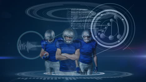 animación de jugadores de fútbol americano sobre diversos datos en el fondo