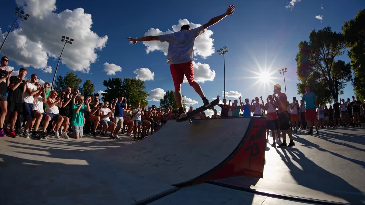 Wide-angle shot of a skateboarder performing a trick on a ramp, surrounded by a cheering crowd