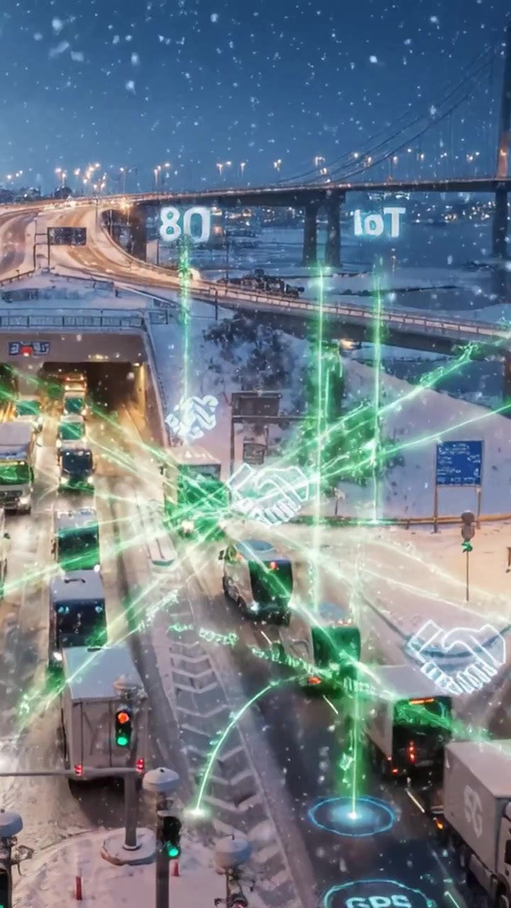 Intersección urbana nevada con semáforos y conectividad IoT: una escena invernal de vehículos navegando un paisaje urbano cubierto de nieve bajo un cielo cambiante.