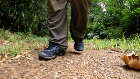 A-man-walking-in-the-jungle,-camera-focused-on-his-legs,-showing-him-stepping-forward-on-the-dirt-road-with-his-shoes-framed