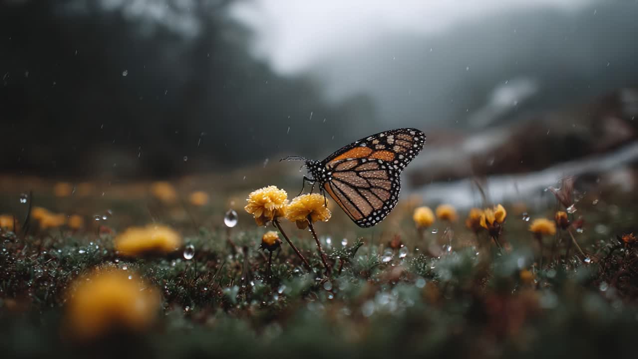 Un'elegante farfalla monarca adorna fiori di campo gialli in un paesaggio nebbioso, catturando la bellezza della natura tra piogge leggere e petali rugiadosi