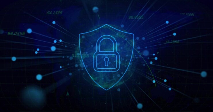 Left stream starting dots forming shield lock glowing then fading globe returning showing security