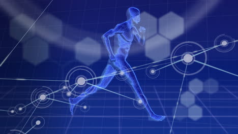 digital animation of network of connections over human body model running against blue background