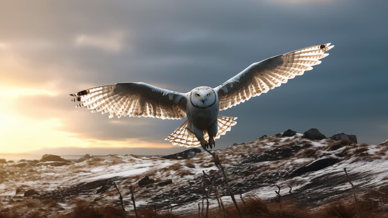 Snowy owl gliding over snow covered hills with outstretched wings during golden sunset, representing wilderness freedom and natural wildlife magnificence