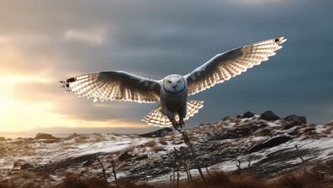 snowy owl gliding over snow covered hills with outstretched wings during golden sunset, representing wilderness freedom and natural wildlife magnificence