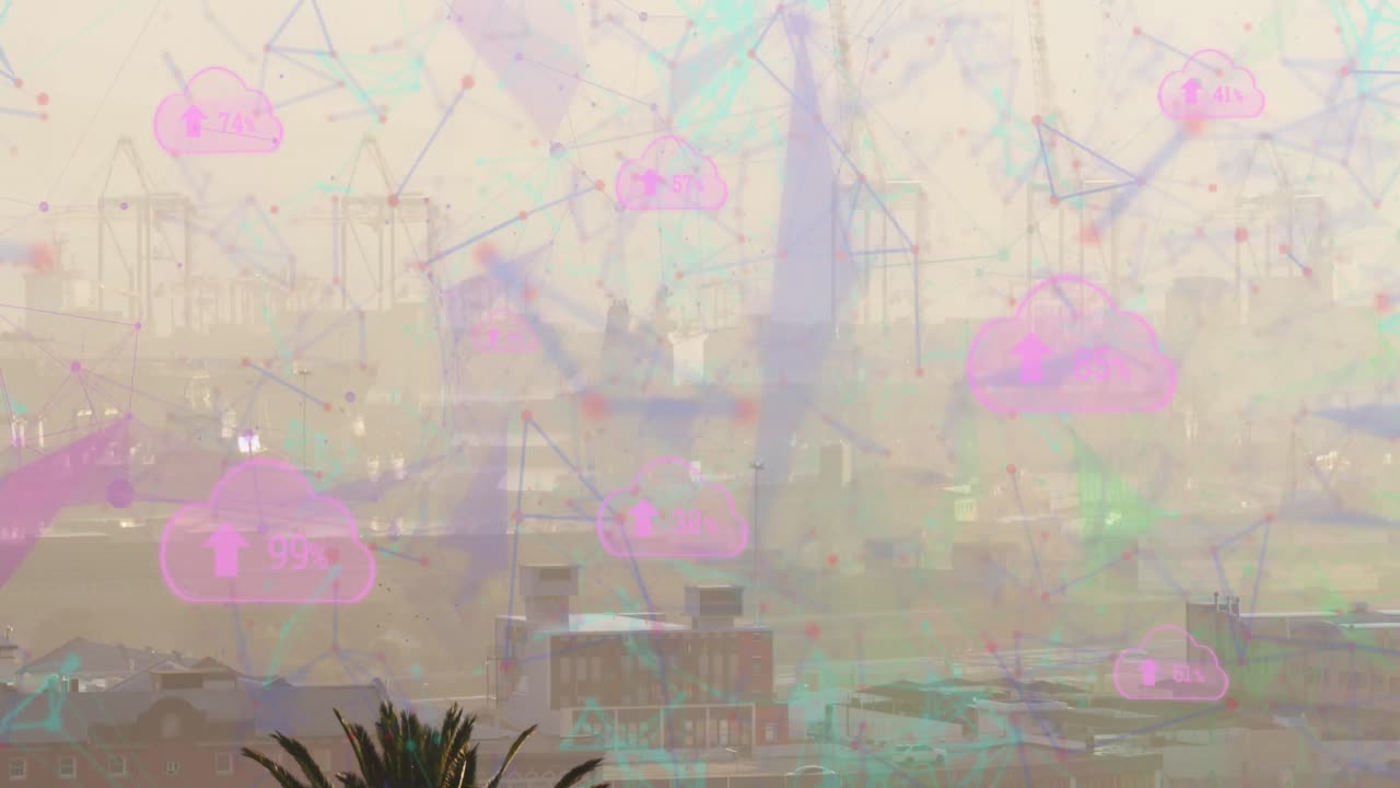 Multiple cloud icons with increasing percentage and network of connections against cityscape