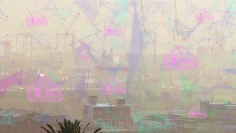 múltiples iconos de nube con un porcentaje creciente y red de conexiones contra el paisaje urbano